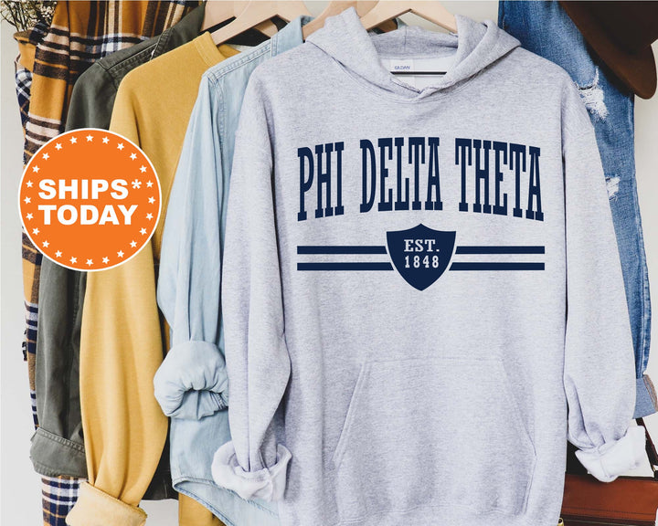 Phi Delta Theta Striped Shield Fraternity Sweatshirt | Phi Delt Hoodie | Vintage Sweatshirt | Fraternity Recruitment | Bid Day Gifts _ 5906g