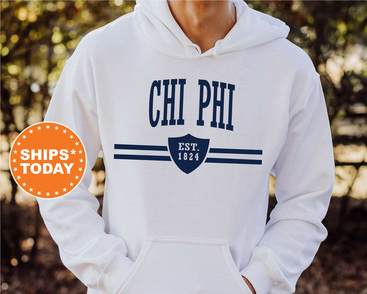 Chi Phi Striped Shield Fraternity Sweatshirt | Chi Phi Hoodie | Fraternity Apparel | Greek Life | Initiation Gift | Gift For Him _ 5897g