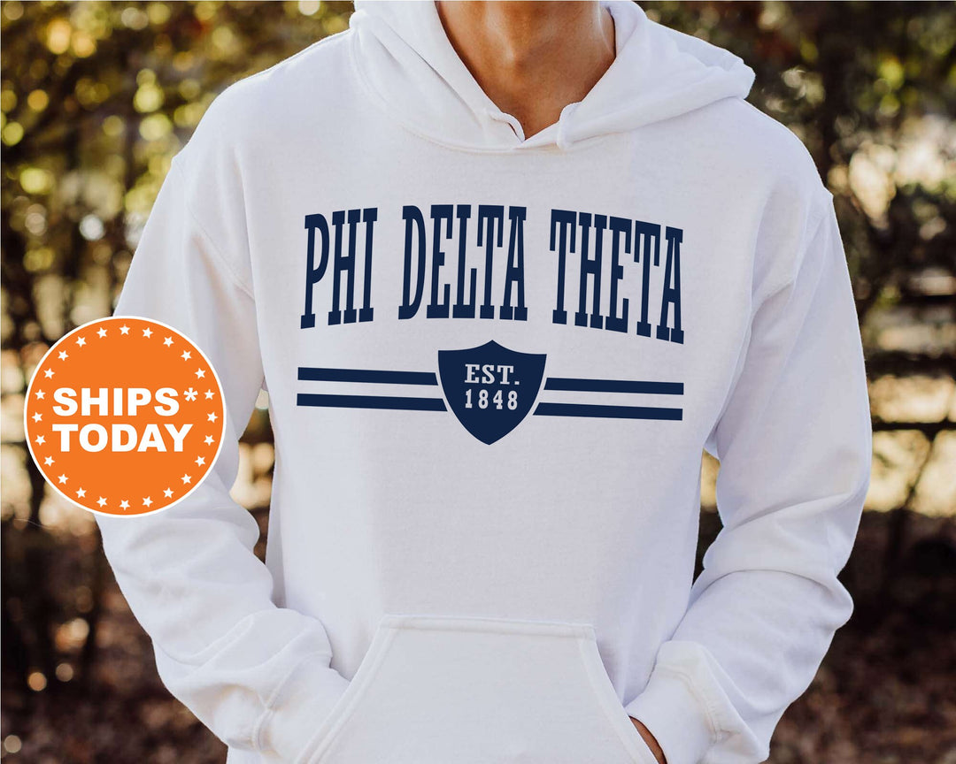 Phi Delta Theta Striped Shield Fraternity Sweatshirt | Phi Delt Hoodie | Vintage Sweatshirt | Fraternity Recruitment | Bid Day Gifts _ 5906g