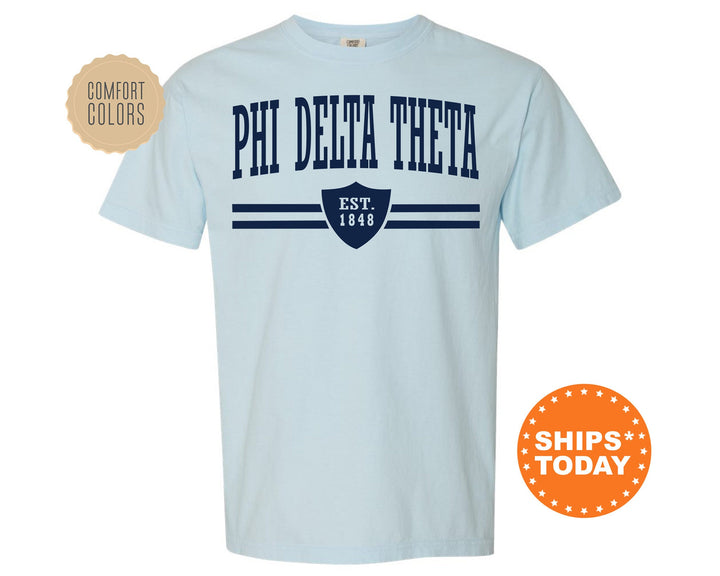 Phi Delta Theta Striped Shield Comfort Colors Fraternity T-Shirt | Delt Comfort Colors Shirt | Fraternity Gift | Greek Life Apparel _ 5906g