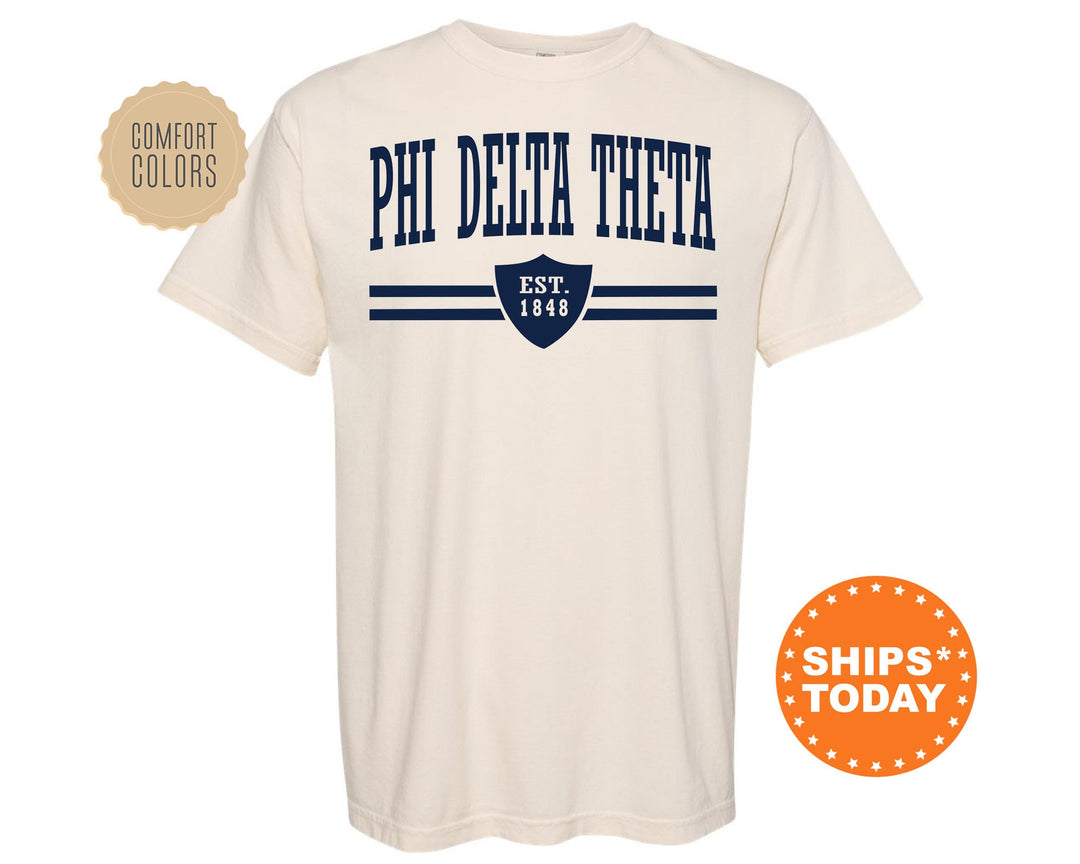 Phi Delta Theta Striped Shield Comfort Colors Fraternity T-Shirt | Delt Comfort Colors Shirt | Fraternity Gift | Greek Life Apparel _ 5906g