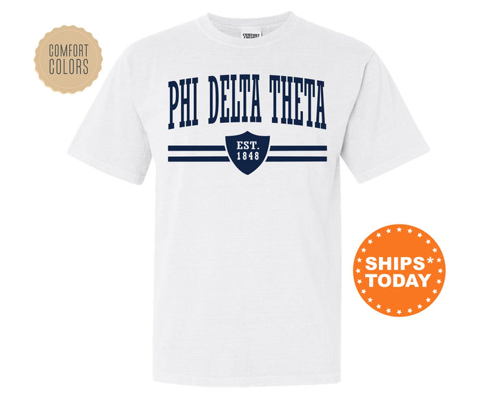 Phi Delta Theta Striped Shield Comfort Colors Fraternity T-Shirt | Delt Comfort Colors Shirt | Fraternity Gift | Greek Life Apparel _ 5906g