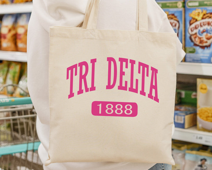 Delta Delta Delta Pink Baseball Sorority Tote Bag | Tri Delta Sorority Chapter Bag | Sorority Merch | Big Little Gifts | Beach Bag _ 15323g