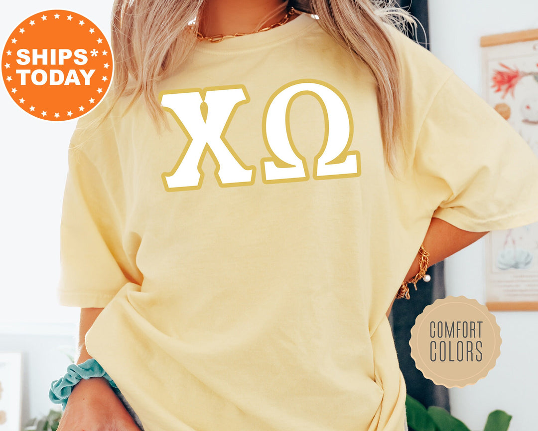 Chi Omega Simply Gold Sorority T-Shirt | Chi O Greek Letters Shirt | Sorority Letters | Big Little Sorority Gifts | Comfort Colors Shirt _ 8433g