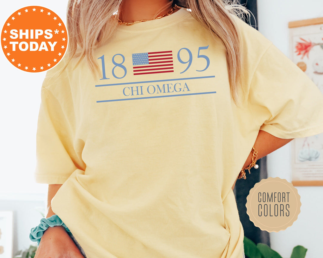 Chi Omega Red White And Blue Sorority T-Shirt | Chi O  Comfort Colors Shirt | Sorority Apparel | Big Little Sorority Reveal | Bid Day Basket