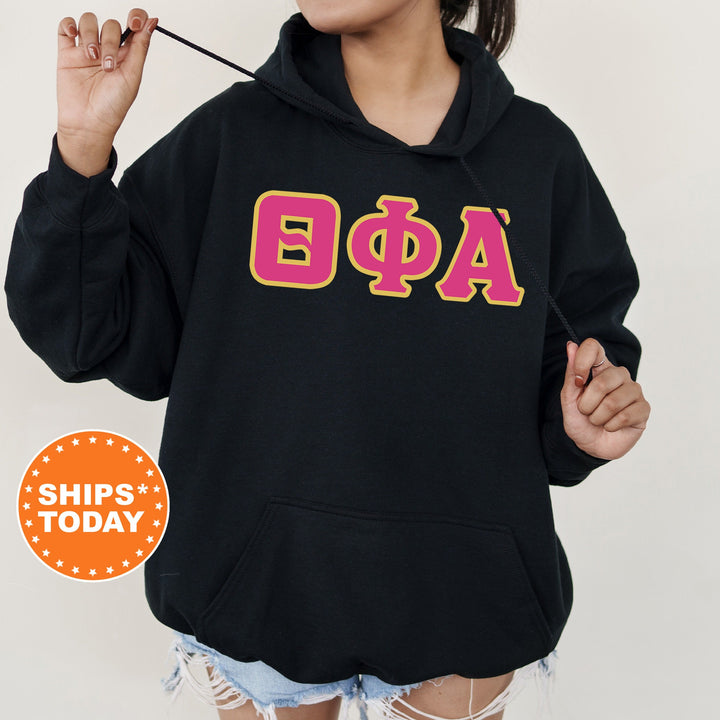 Theta Phi Alpha Pink and Gold Sorority Sweatshirt | Theta Phi Alpha Sweatshirt | Theta Phi Greek Letters Hoodie | Big Little Reveal