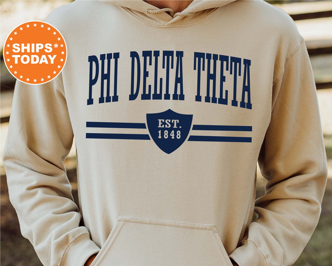 Phi Delta Theta Striped Shield Fraternity Sweatshirt | Phi Delt Hoodie | Vintage Sweatshirt | Fraternity Recruitment | Bid Day Gifts _ 5906g