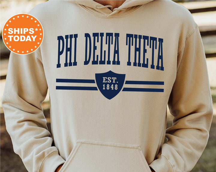 Phi Delta Theta Striped Shield Fraternity Sweatshirt | Phi Delt Hoodie | Vintage Sweatshirt | Fraternity Recruitment | Bid Day Gifts _ 5906g
