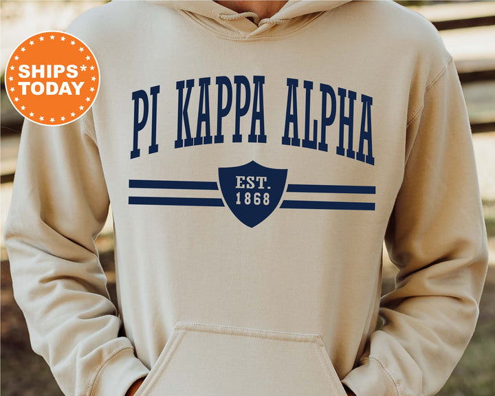 Pi Kappa Alpha Striped Shield Fraternity Sweatshirt | PIKE Hoodie | Gifts For Him | Vintage Sweatshirt | PIKE Bid Day | Men Crewneck _ 5910g