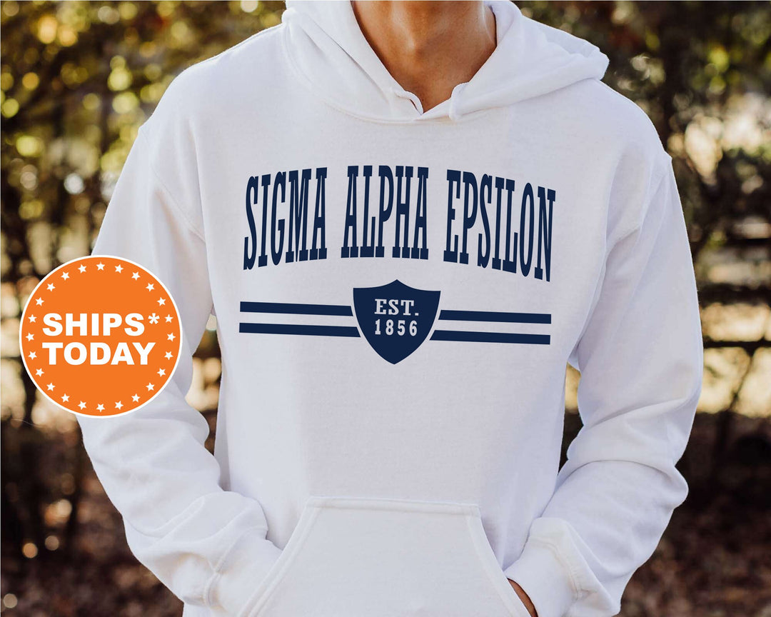 Sigma Alpha Epsilon Striped Shield Fraternity Sweatshirt | SAE Sweatshirt | Greek Life Apparel | Fraternity Hoodie | Gifts For Him _ 5912g