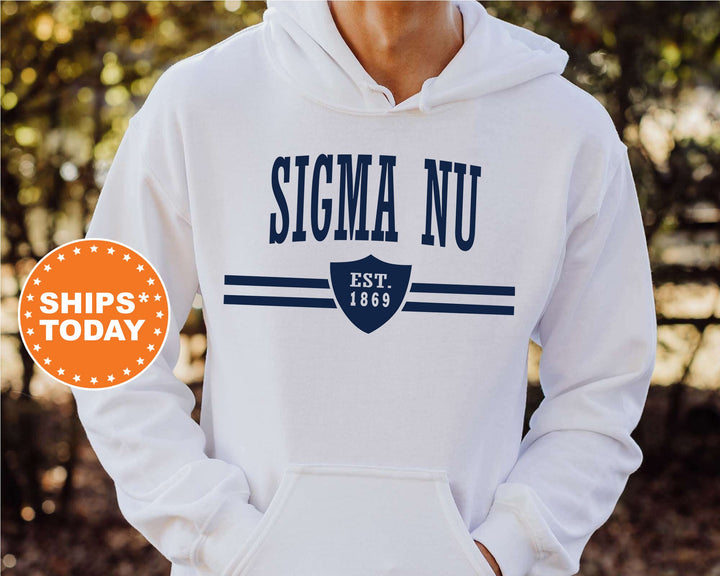 Sigma Nu Striped Shield Fraternity Sweatshirt | Sigma Nu Hoodie | Greek Apparel | Fraternity Initiation | Fraternity Bid Day Gift _ 5915g
