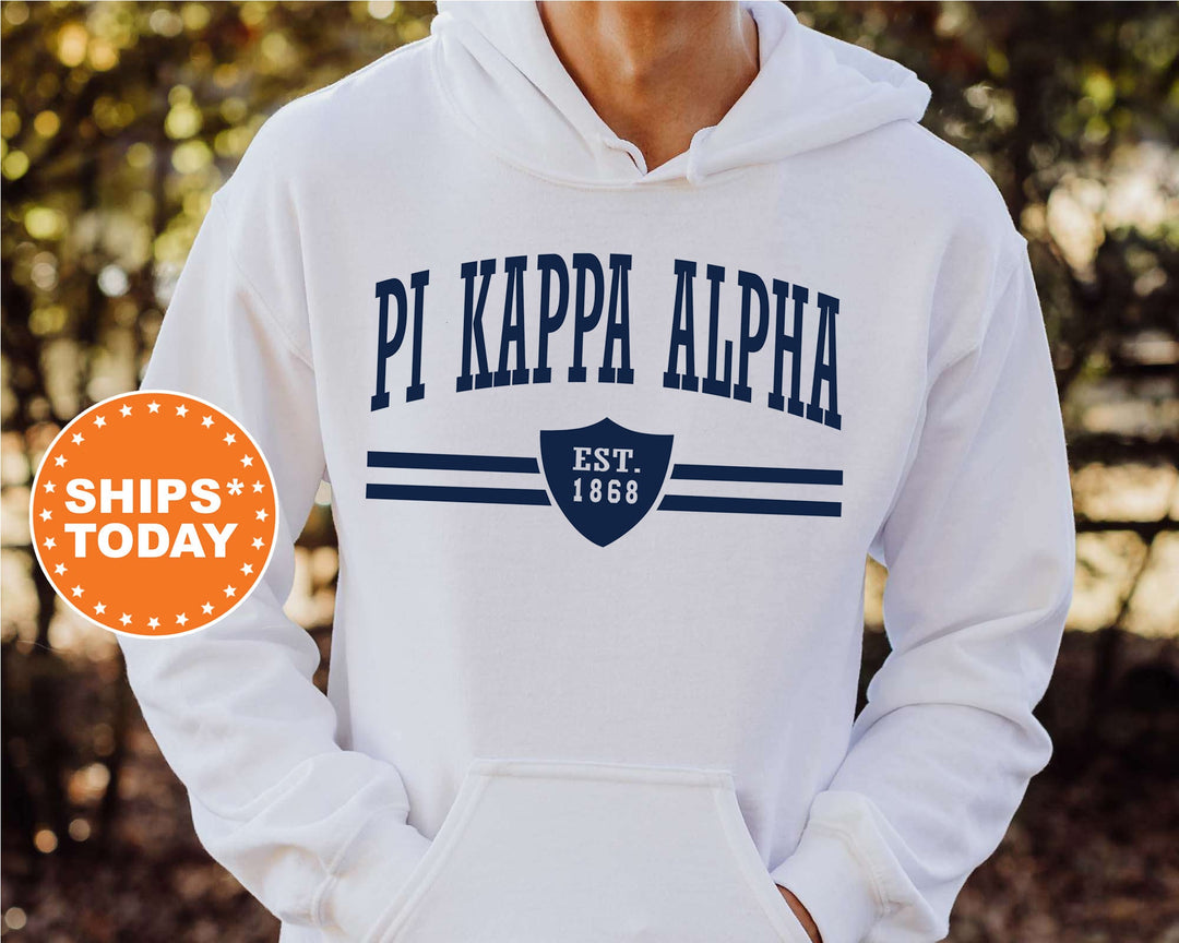 Pi Kappa Alpha Striped Shield Fraternity Sweatshirt | Pike Hoodie | Gifts for Him | Vintage Sweatshirt | Pike Bid Day | Men Crewneck _ 5910G Black /