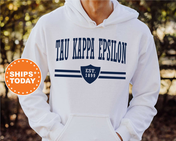Tau Kappa Epsilon Striped Shield Fraternity Sweatshirt | TKE Fraternity Hoodie | Greek Life | Fraternity Gift | Vintage Sweatshirt _ 5919g