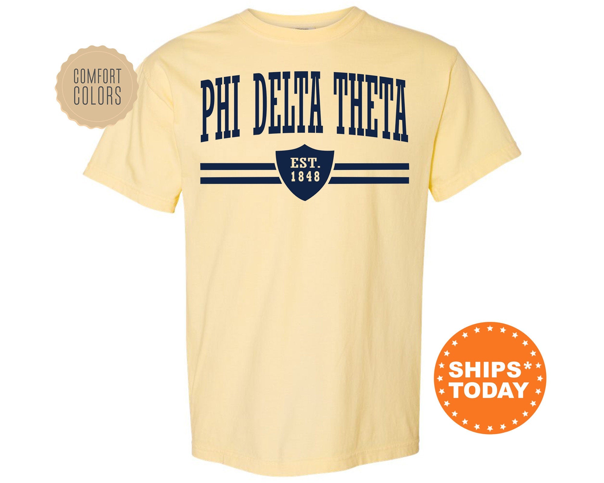 Phi Delta Theta Striped Shield Comfort Colors Fraternity T-Shirt | Delt Comfort Colors Shirt | Fraternity Gift | Greek Life Apparel _ 5906g