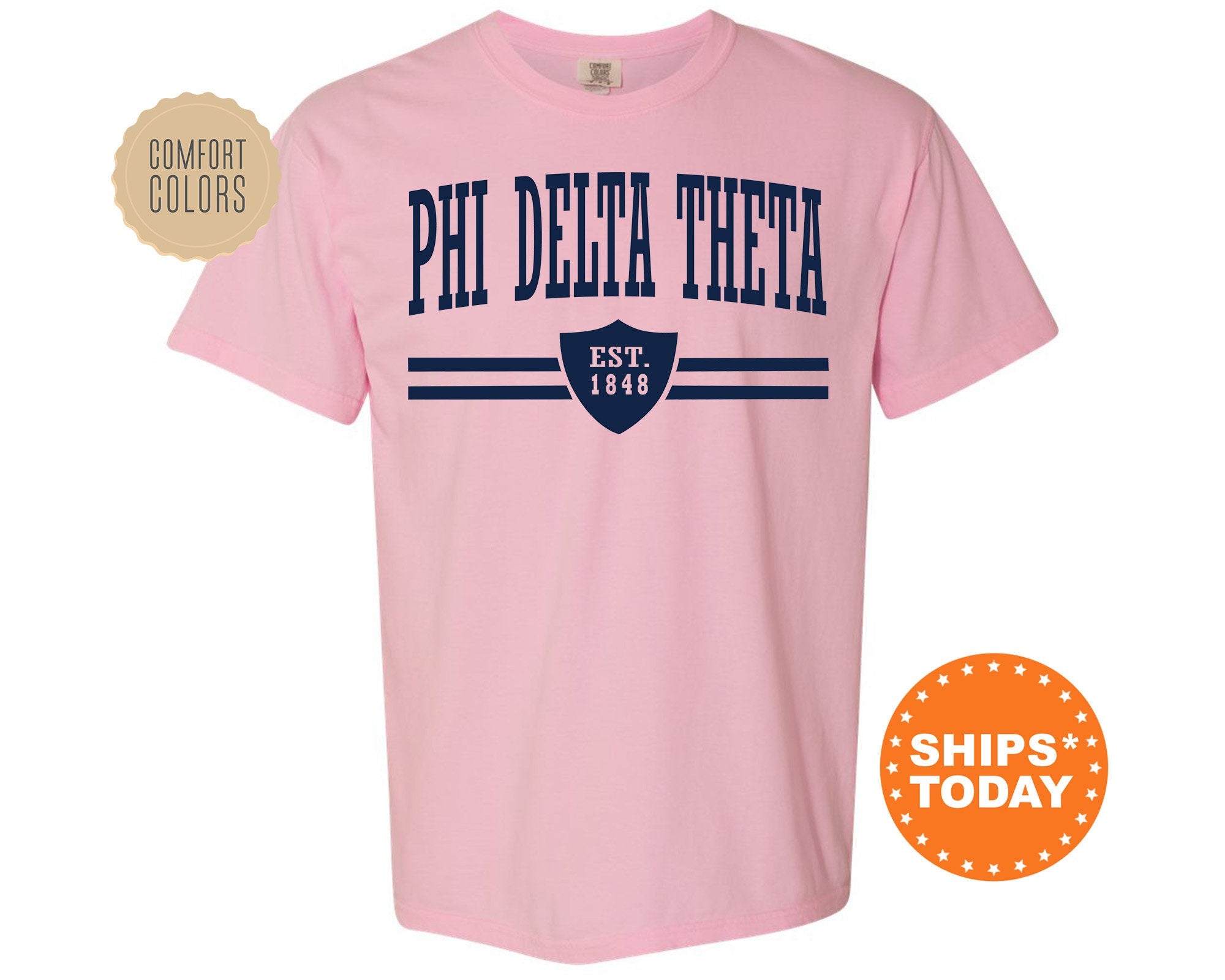 Phi Delta Theta Striped Shield Comfort Colors Fraternity T-Shirt | Delt Comfort Colors Shirt | Fraternity Gift | Greek Life Apparel _ 5906g