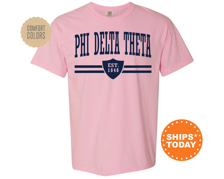 Phi Delta Theta Striped Shield Comfort Colors Fraternity T-Shirt | Delt Comfort Colors Shirt | Fraternity Gift | Greek Life Apparel _ 5906g