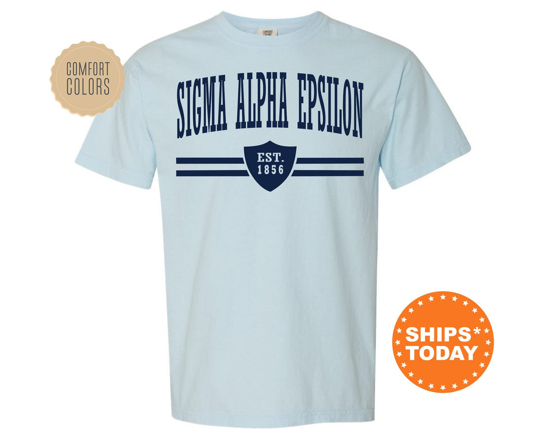 Sigma Alpha Epsilon Striped Shield Comfort Colors Fraternity T-Shirt | SAE Comfort Colors Shirt | Fraternity Gift | Greek Apparel _ 5912g