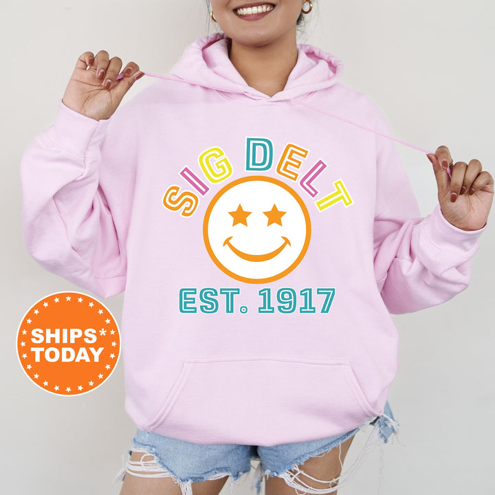 Sigma Delta Tau Cheerful Sorority Sweatshirt | Sig Delt Sorority Merch | Big Little Gift | Greek Sweatshirt | Custom Greek Apparel _ 16868g