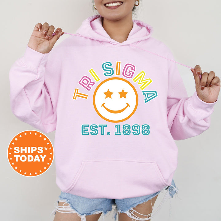 Sigma Sigma Sigma Cheerful Sorority Sweatshirt | Tri Sigma Sorority Merch | Big Little | Greek Sweatshirt | Custom Greek Apparel _ 16870g