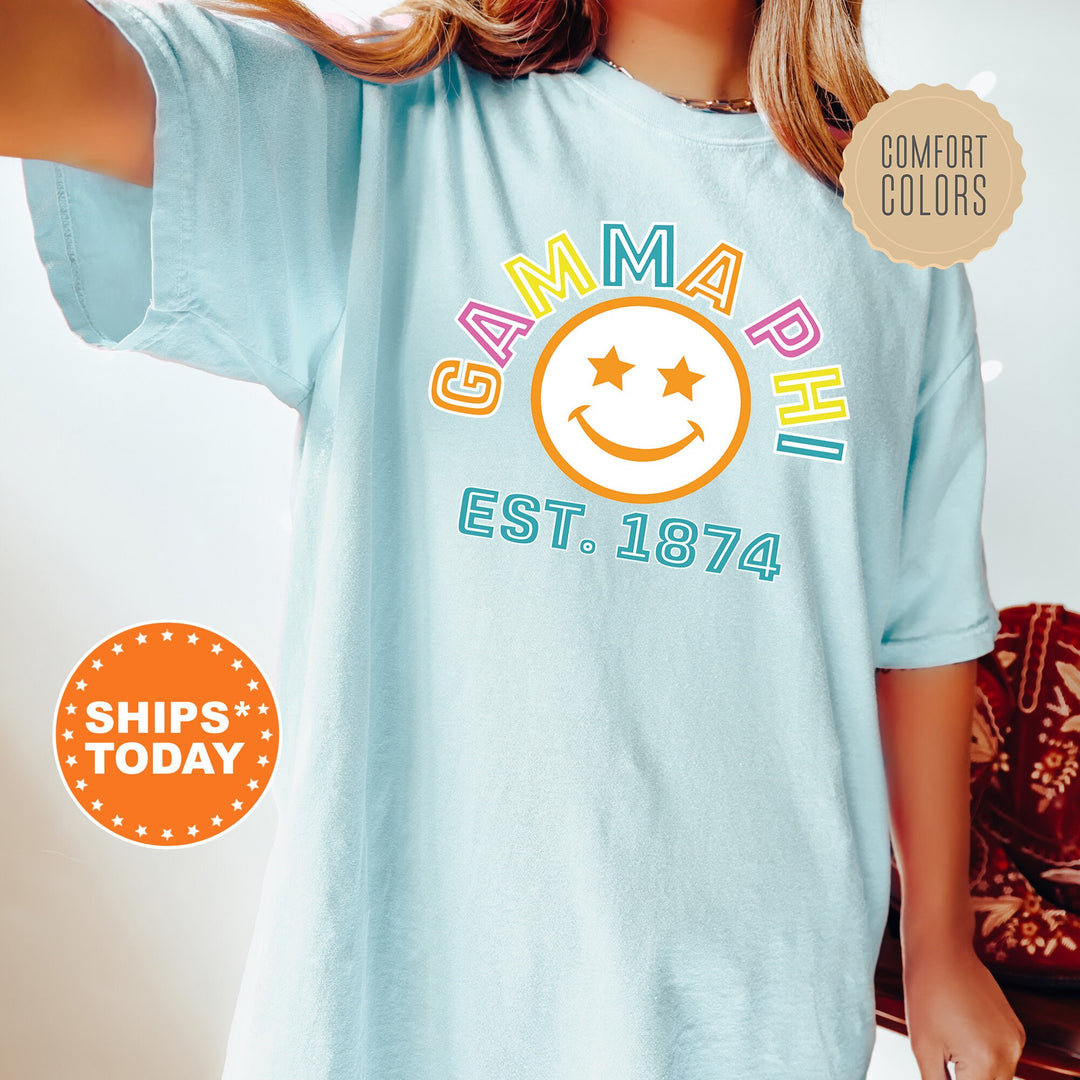 Gamma Phi Beta Cheerful Sorority T-Shirt | Gamma Phi Comfort Colors Shirt | Smiley Shirt | Big Little Gift | Preppy Sorority Shirt _ 16861g