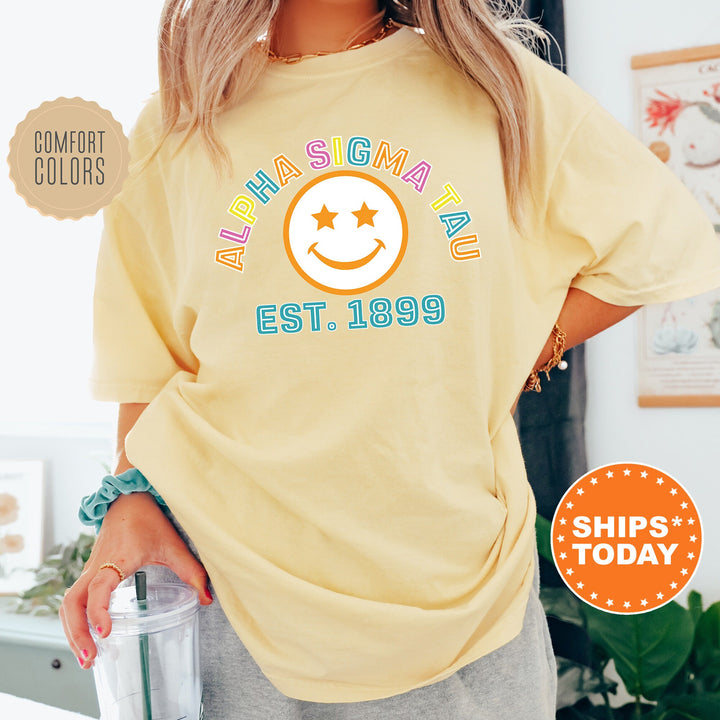 Alpha Sigma Tau Cheerful Sorority T-Shirt | Comfort Colors Shirt | Smiley Shirt | Big Little Reveal Gift | Preppy Sorority Shirt _ 16854g