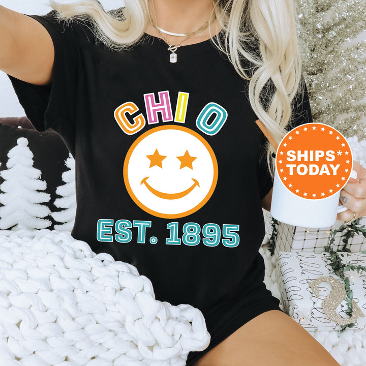 Chi Omega Cheerful Sorority T-Shirt | Chi O Comfort Colors Shirt | Chi Omega Smiley Shirt | Big Little Gift | Preppy Sorority Shirt _ 16856g