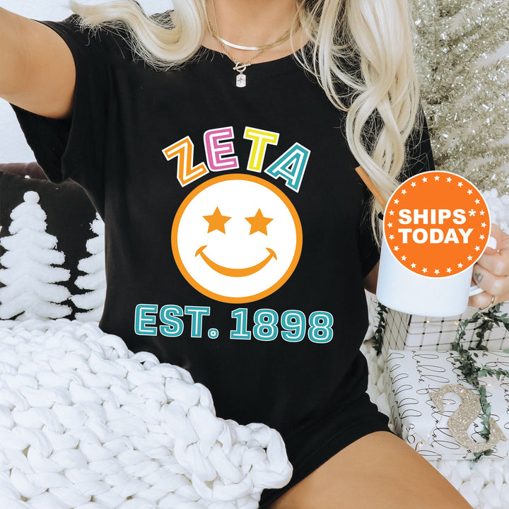 Zeta Tau Alpha Cheerful Sorority T-Shirt | ZETA Comfort Colors Shirt | ZETA Smiley Shirt | Big Little Gift | Preppy Sorority Shirt _ 16872g