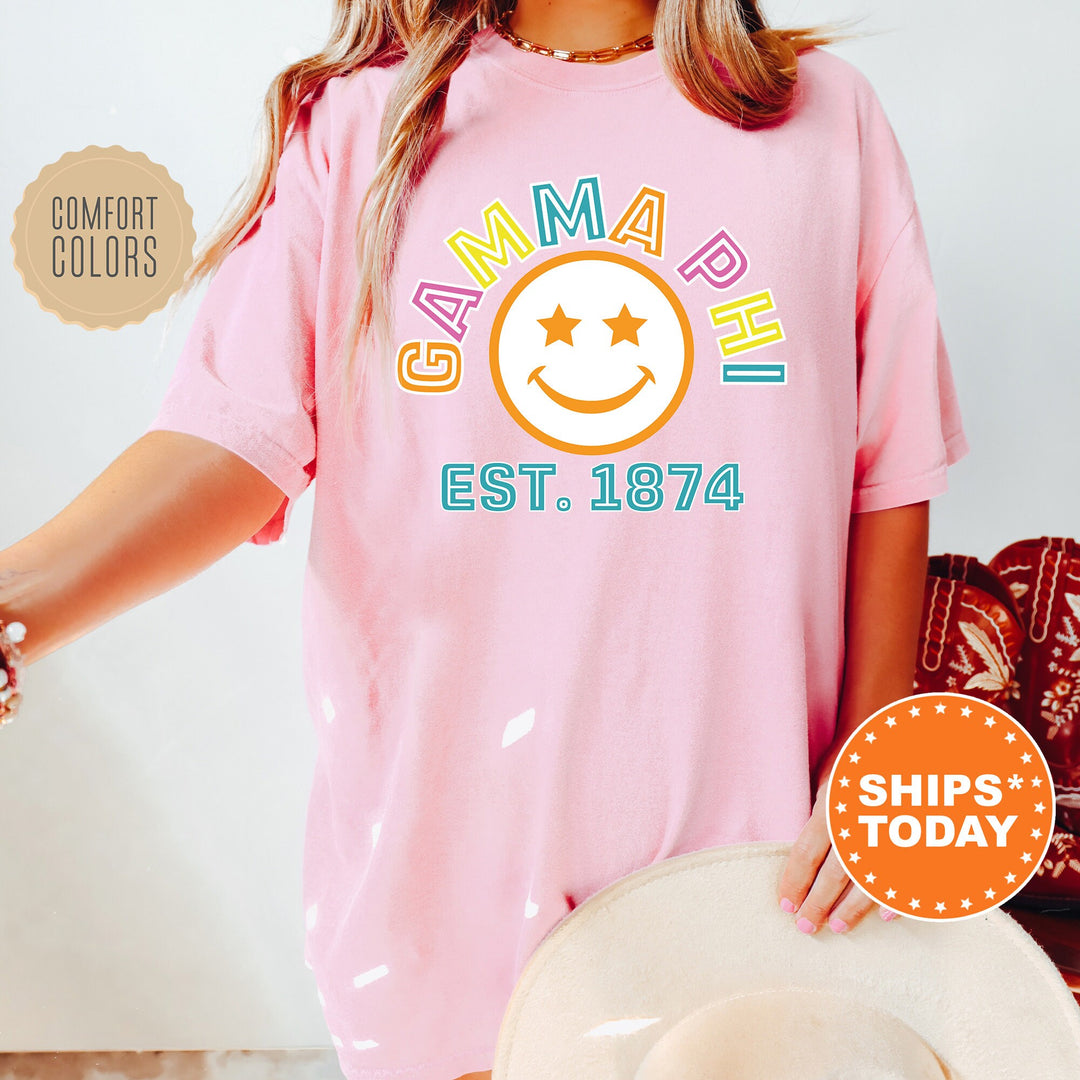 Gamma Phi Beta Cheerful Sorority T-Shirt | Gamma Phi Comfort Colors Shirt | Smiley Shirt | Big Little Gift | Preppy Sorority Shirt _ 16861g