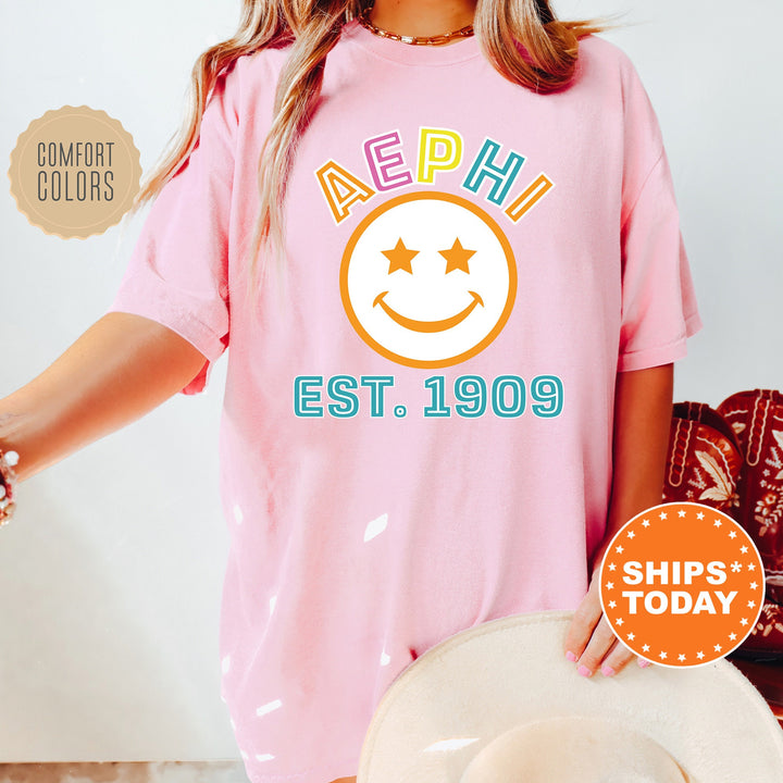 Alpha Epsilon Phi Cheerful Sorority T-Shirt | AEPhi Comfort Colors Shirt | Smiley Shirt | Big Little Gift | Preppy Sorority Shirt _ 16849g