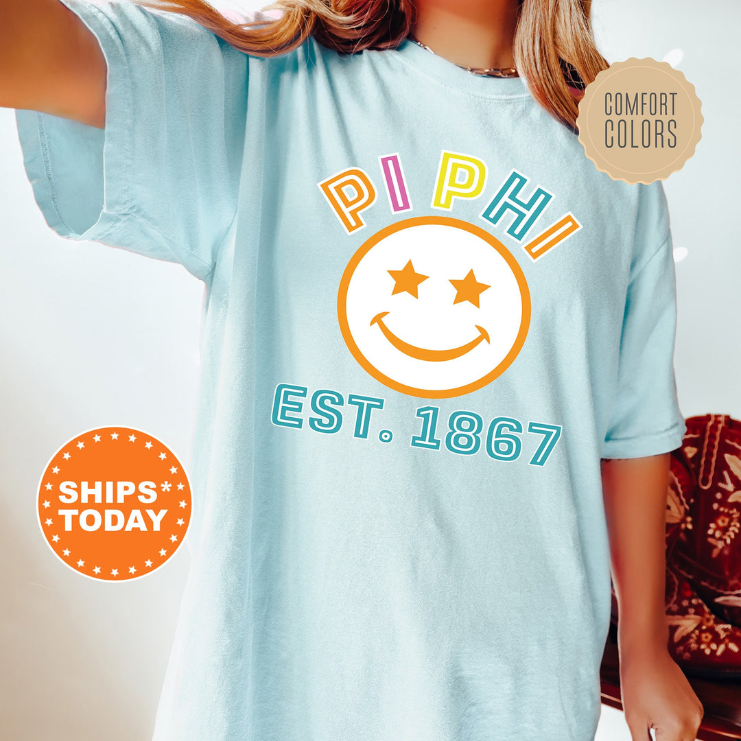 Pi Beta Phi Cheerful Sorority T-Shirt | Pi Phi Comfort Colors Shirt | Pi Beta Phi Smiley Shirt | Big Little | Preppy Sorority Shirt _ 16867g