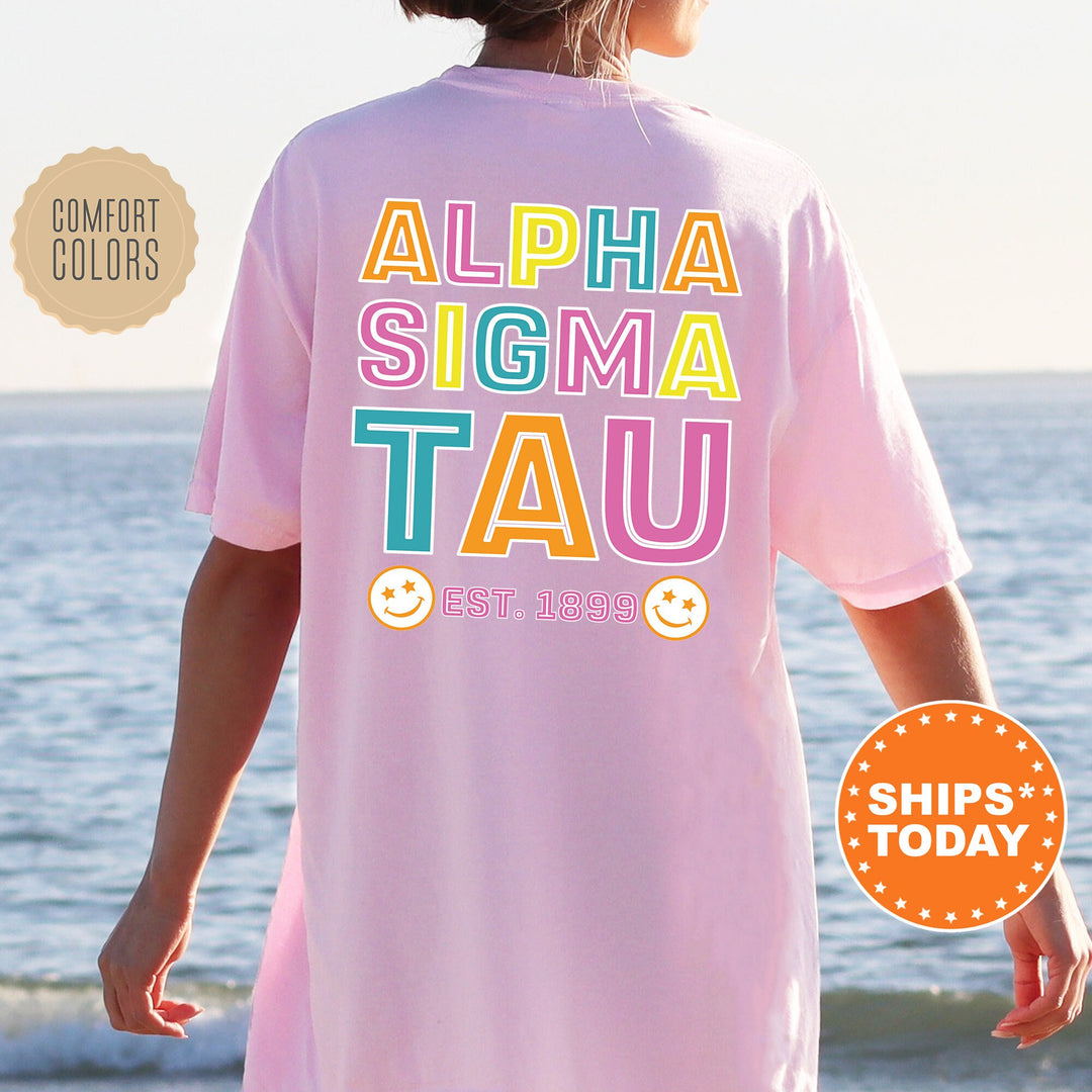 Alpha Sigma Tau Frisky Script Sorority T-Shirt | Alpha Sigma Tau Comfort Colors Shirt | Big Little Reveal | College Greek Apparel _ 14018g