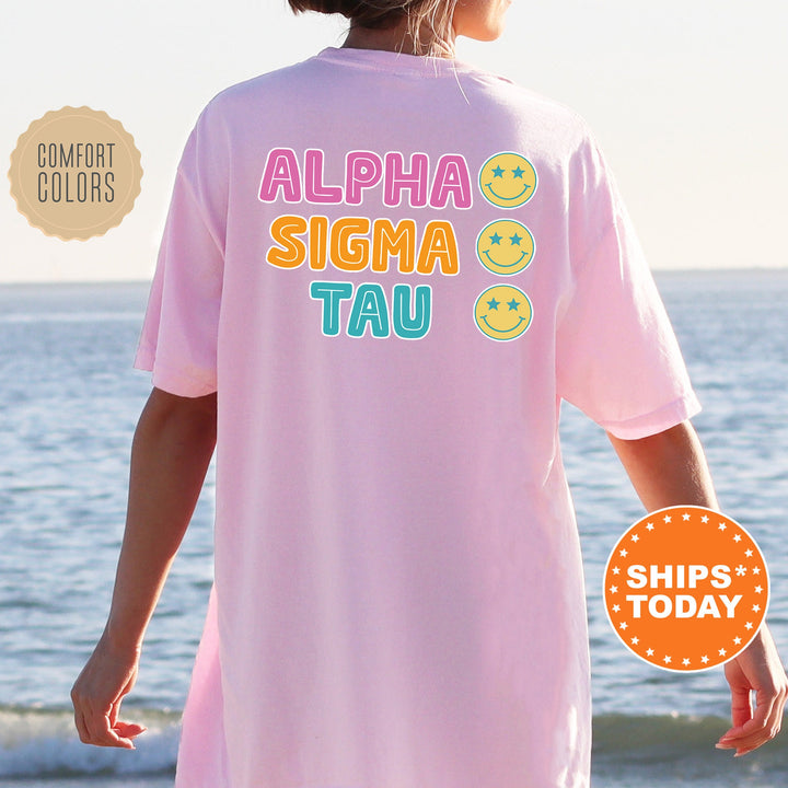 Alpha Sigma Tau Colorful Smiley Sorority T-Shirt | Alpha Sigma Tau Comfort Colors Shirt | Big Little Basket Gift | Sorority Merch | Bid Day _ 13795g