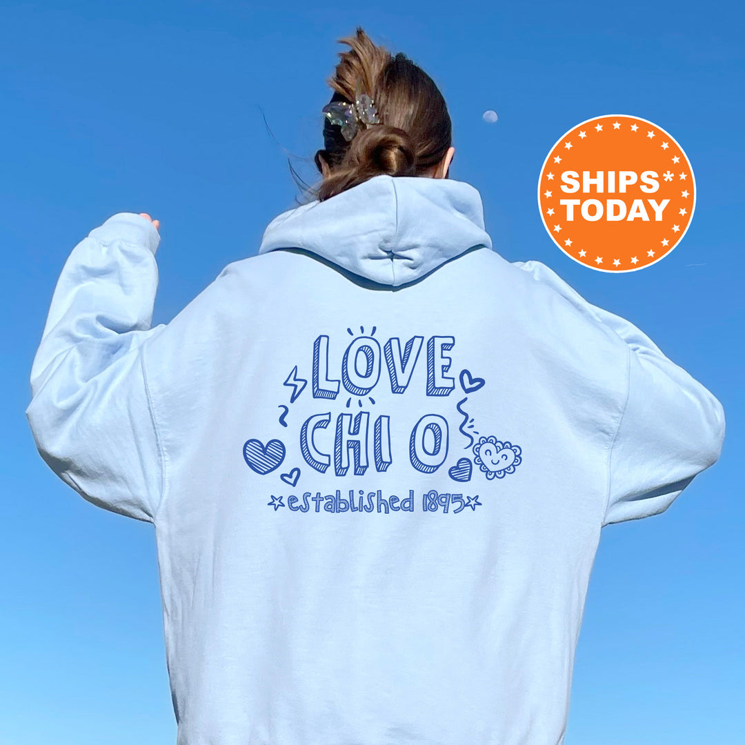 Chi Omega Drawscape Sorority Sweatshirt | Chi O Doodle Font Sorority Crewneck | Big Little Reveal Gifts | Trendy Sorority Hoodie