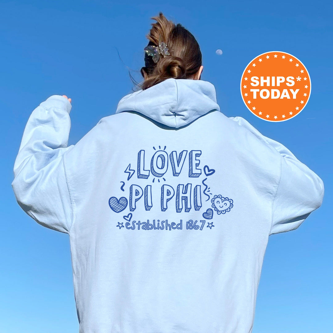 Pi Beta Phi Drawscape Sorority Sweatshirt | Pi Phi Doodle Font Sorority Crewneck | Big Little Reveal Gifts | Trendy Sorority Hoodie