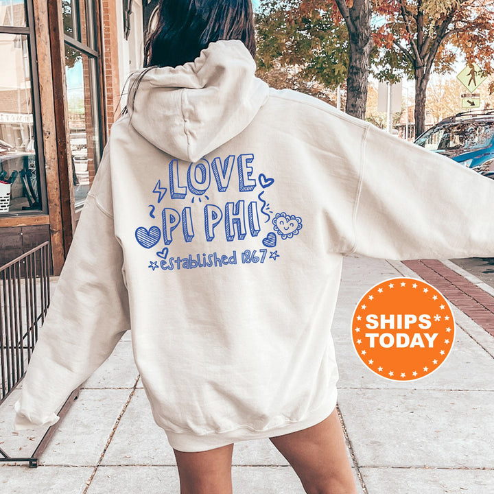 Pi Beta Phi Drawscape Sorority Sweatshirt | Pi Phi Doodle Font Sorority Crewneck | Big Little Reveal Gifts | Trendy Sorority Hoodie