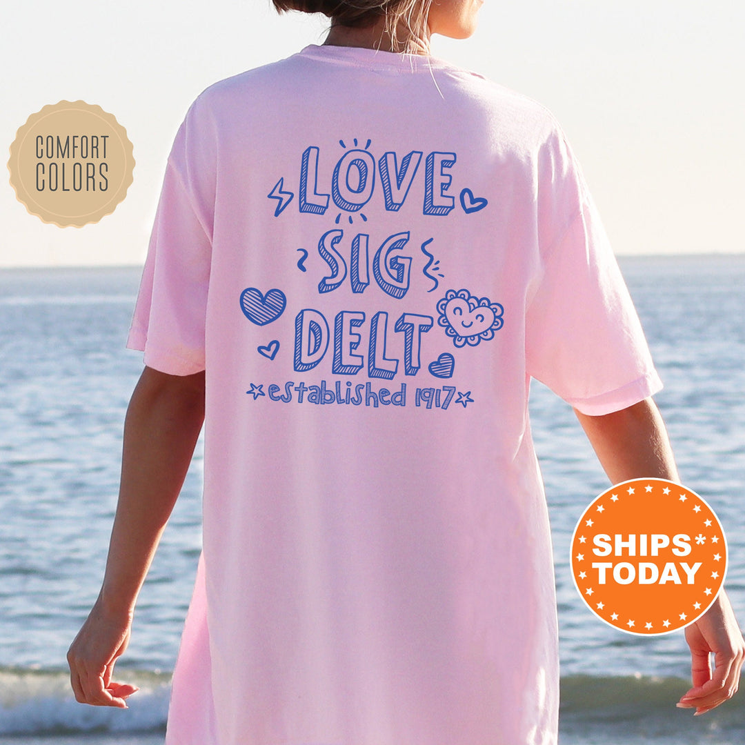 Sigma Delta Tau Drawscape Sorority T-Shirt | Sig Delt Doodle Font Shirt | Big Little Reveal Gift | Greek Life Shirt | Comfort Colors Shirt _ 16453g