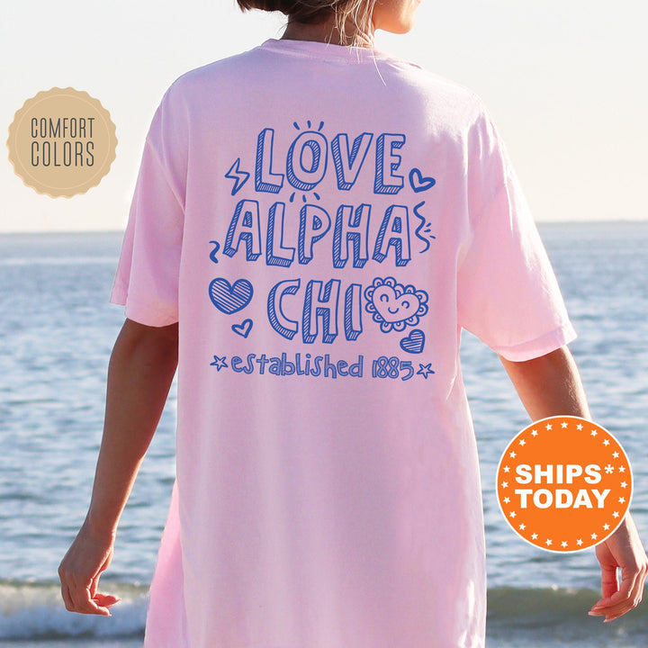 Alpha Chi Omega Drawscape Sorority T-Shirt | Alpha Chi Doodle Font Shirt | Big Little Reveal Gift | Greek Apparel | Comfort Colors Shirt _ 16432g