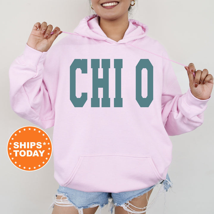 Chi Omega Bold Aqua Sorority Sweatshirt | Chi O Sorority Letters Crewneck | Sorority Merch | Big Little Reveal Gifts | Bid Day Basket