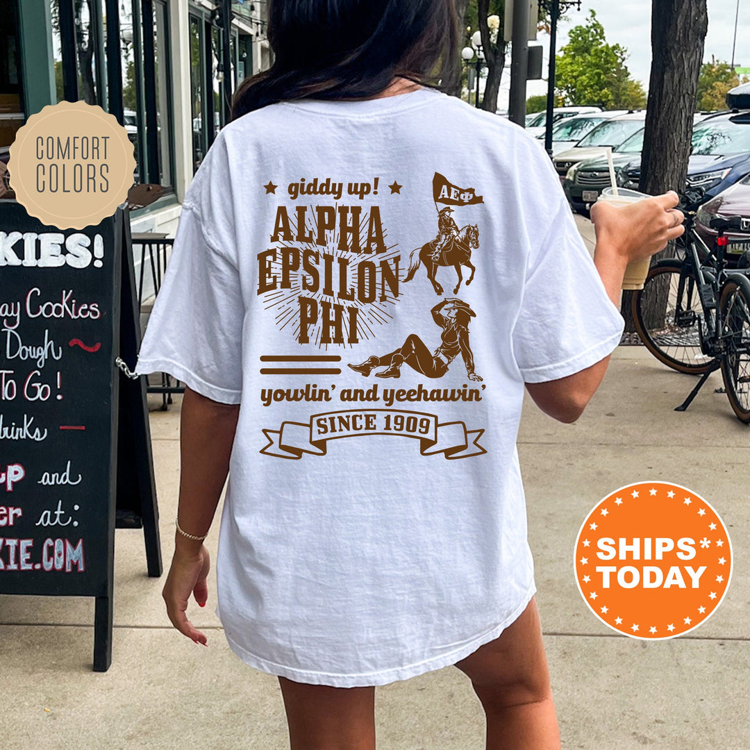 Alpha Epsilon Phi Giddy Up Cowgirl Sorority T-Shirt | AEPhi Western Theme Shirt | Big Little Gift | Comfort Colors Country Shirt _ 16330g