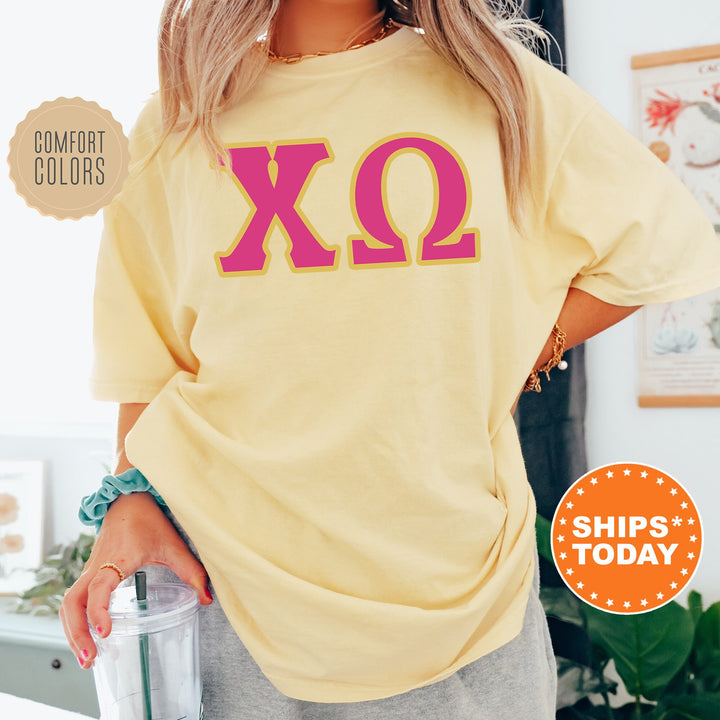 Chi Omega Pink And Gold Comfort Colors Sorority T-Shirt | Chi O Oversized Shirt | Greek Letters Shirt | College Apparel | Big Little _ 5269g