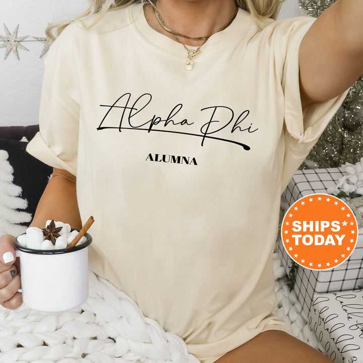Alpha Phi Alumna Cursive Sorority T-Shirt | APHI Alumna Shirt | Alpha Phi Homecoming Shirt | Sorority Gifts | Comfort Colors Shirt _ 7259g