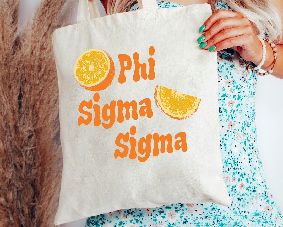 Phi Sigma Sigma Oranges Sorority Tote Bag | Phi Sig Canvas Tote Bag | Sorority Merch | Big Little Sorority Gift | College Beach Bag _ 16243g