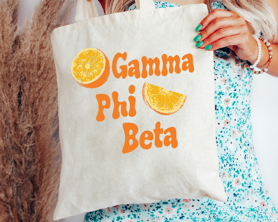 Gamma Phi Beta Oranges Sorority Tote Bag | Gamma Phi Canvas Tote Bag | GPHI Sorority Merch | Big Little Gifts | College Beach Bag _ 16238g