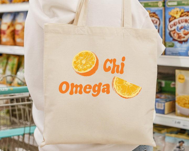 Chi Omega Oranges Sorority Tote Bag | Chi O Canvas Tote Bag | Chi Omega Sorority Merch | Big Little Reveal Gift | College Beach Bag _ 16233g