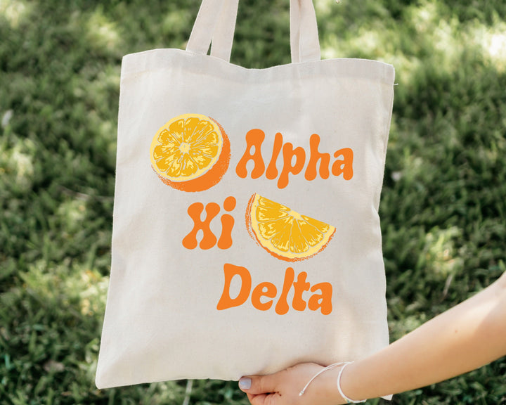 Alpha Xi Delta Oranges Sorority Tote Bag | AXID Canvas Tote Bag | Sorority Merch | Big Little Sorority Gifts | College Beach Bag _ 16232g