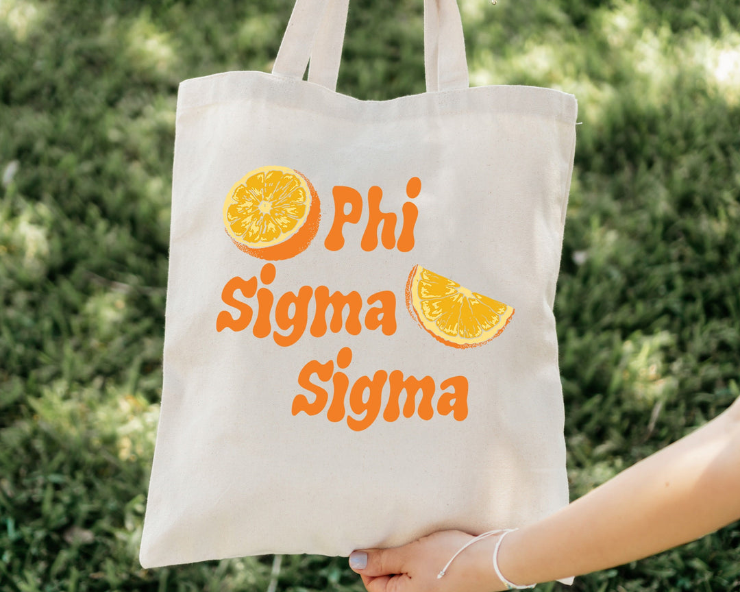 Phi Sigma Sigma Oranges Sorority Tote Bag | Phi Sig Canvas Tote Bag | Sorority Merch | Big Little Sorority Gift | College Beach Bag _ 16243g