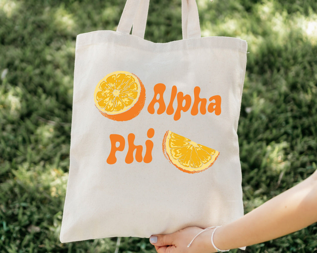 Alpha Phi Oranges Sorority Tote Bag | APHI Canvas Tote Bag | Alpha Phi Sorority Merch | Big Little Reveal Gifts | College Beach Bag _ 16229g