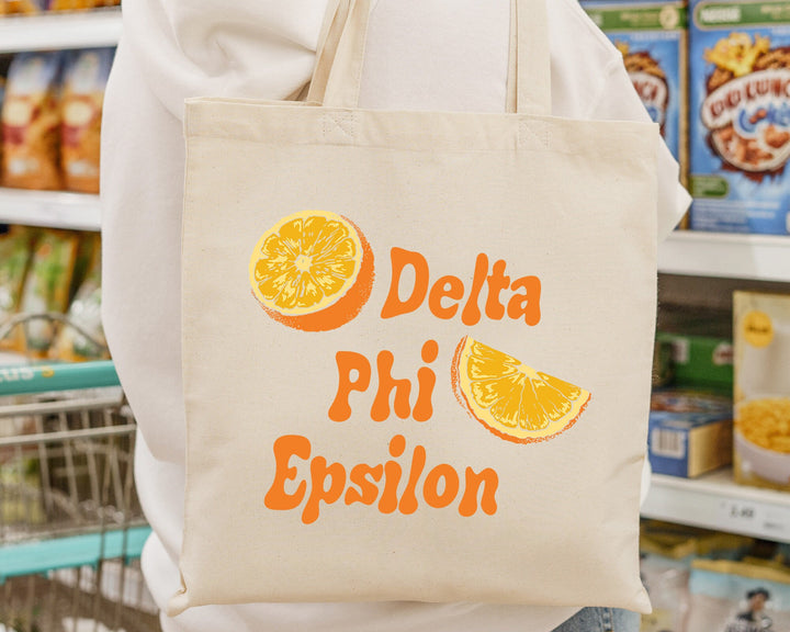 Delta Phi Epsilon Oranges Sorority Tote Bag | DPHIE Canvas Tote Bag | Sorority Merch | Big Little Sorority Gift | College Beach Bag _ 16236g