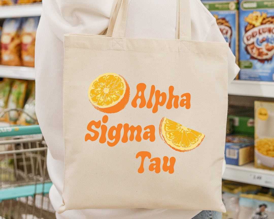 Alpha Sigma Tau Oranges Sorority Tote Bag | Canvas Tote Bag | Sorority Merch | Big Little Sorority Gifts | College Beach Bag _ 16231g