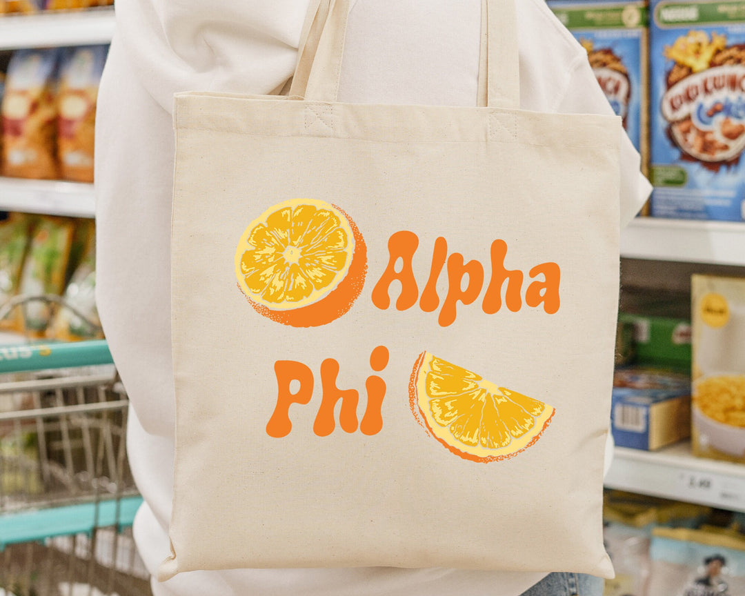 Alpha Phi Oranges Sorority Tote Bag | APHI Canvas Tote Bag | Alpha Phi Sorority Merch | Big Little Reveal Gifts | College Beach Bag _ 16229g